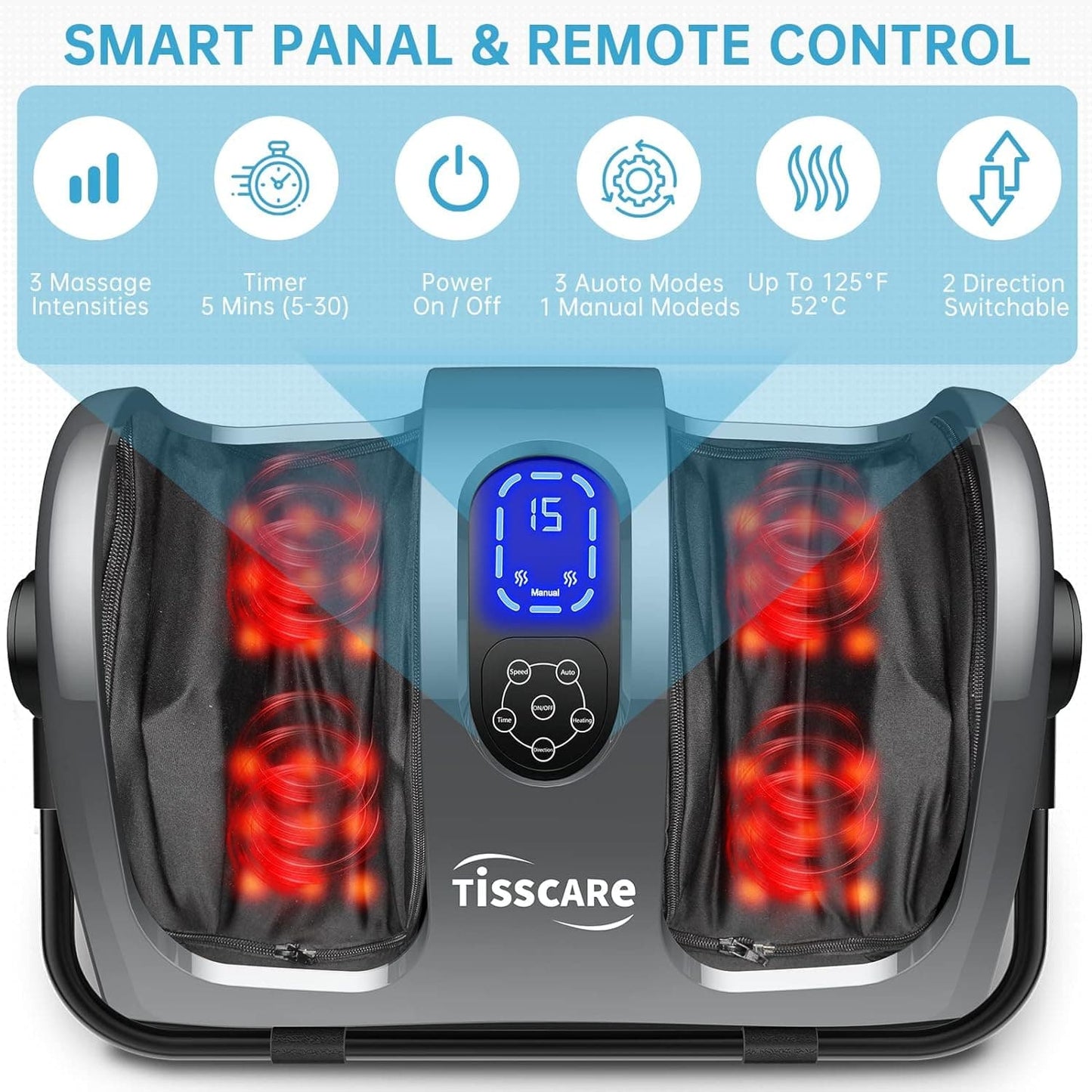 TISSCARE Shiatsu Massage Foot Massager Machine - Improves Blood Flow Circulation, Deep Kneading & Tissue with Heat/Remote, Neuropathy, Plantar Fasciitis, Diabetics, Pain Relief