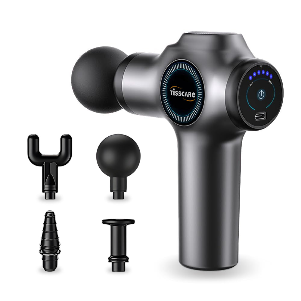 G1 Massage gun with attachments on a white background, featuring the brand 'Tisscare'.