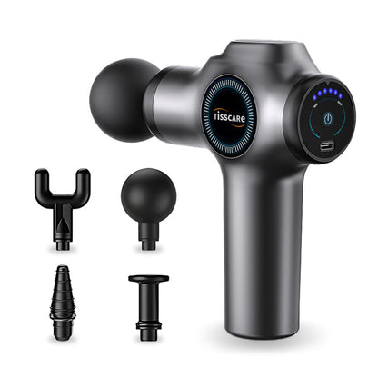 G1 Massage gun with attachments on a white background, featuring the brand 'Tisscare'.